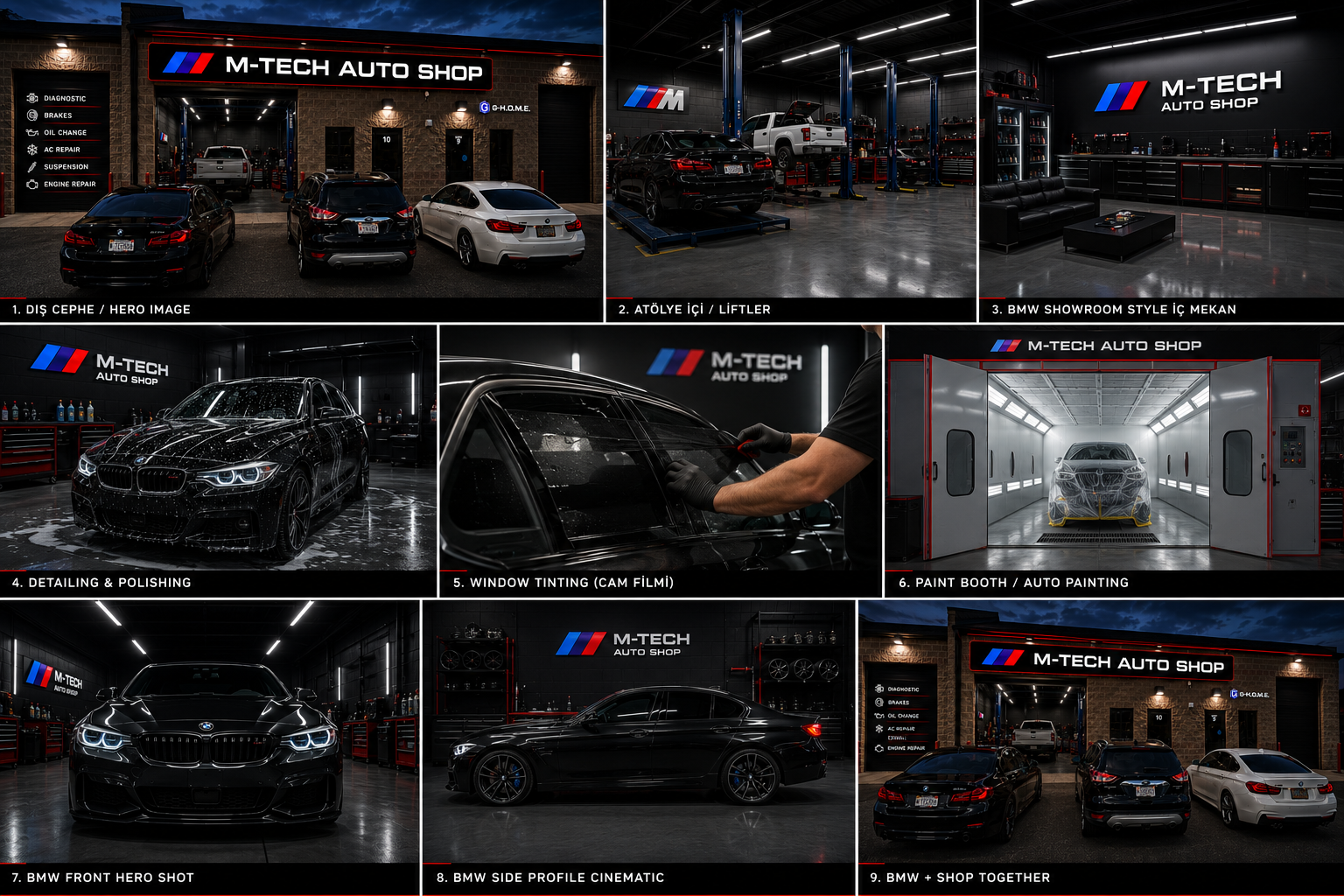 M-Tech Auto Shop service gallery board featuring detailing, tint, and paint booth visuals