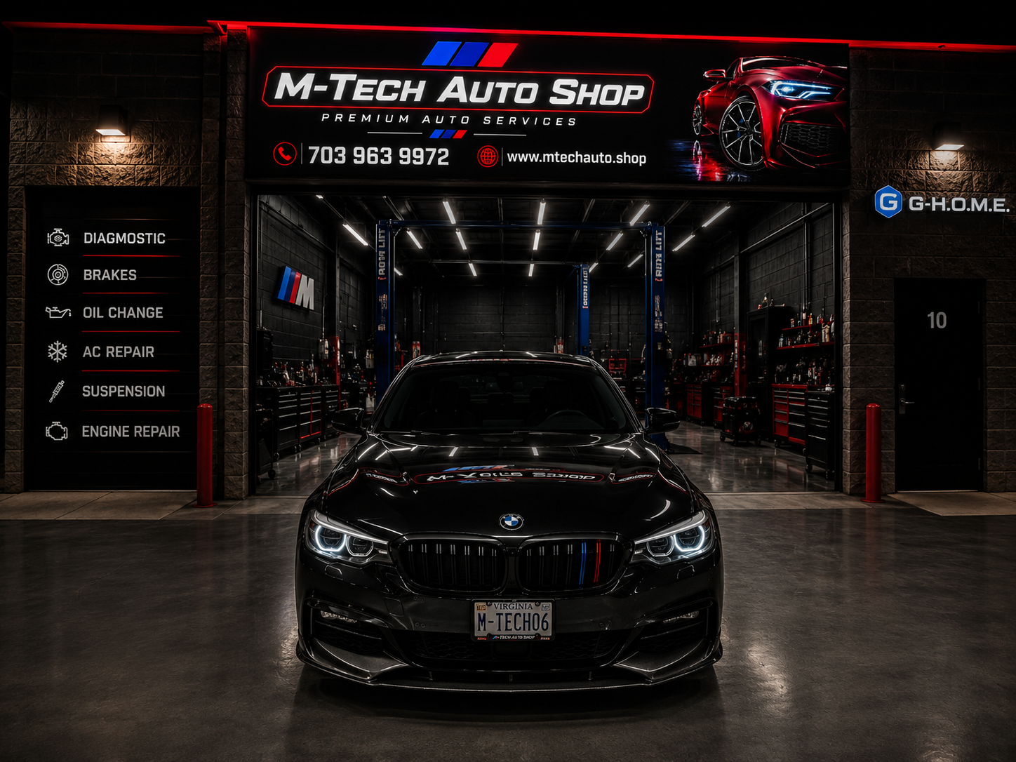 BMW centered inside the illuminated M-Tech Auto Shop garage