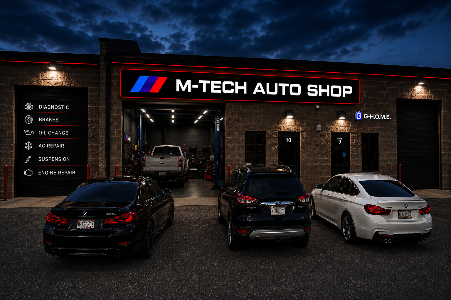 M-Tech Auto Shop storefront with vehicles parked in front