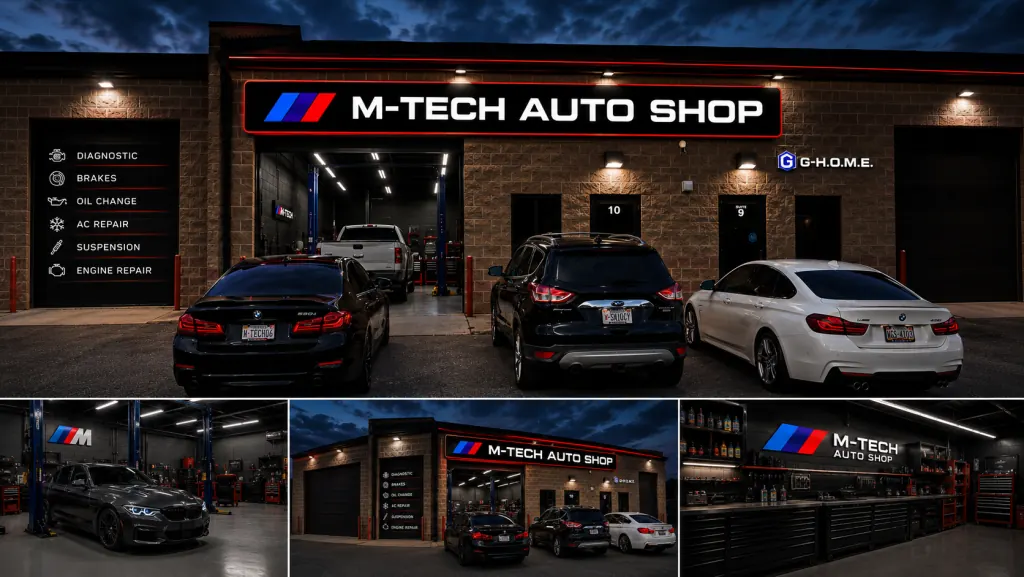M-Tech Auto Shop collage showing exterior and interior workshop views